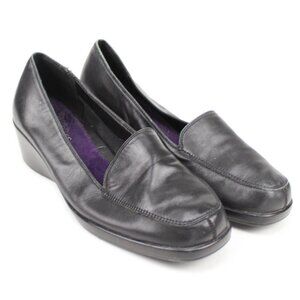 Aerosoles Black Leather Split Toe Slip On Loafers Low Rubber Wedge Sole Shoes 8